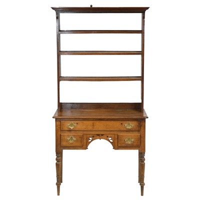 Lot 429 - Georgian oak lowboy adapted with a delft rack