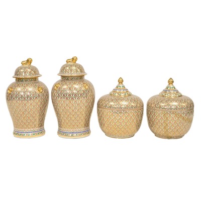 Lot 75 - Two pairs of Benjarong Thai porcelain coloured vases