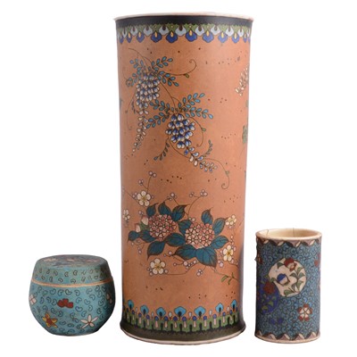 Lot 93 - Japanese pottery cylindrical vase, two smaller pots