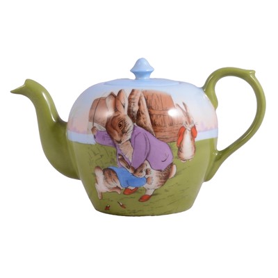 Lot 18 - Continental porcelain teapot, (pre-Grimwades), printed with a scene of Peter Rabbit