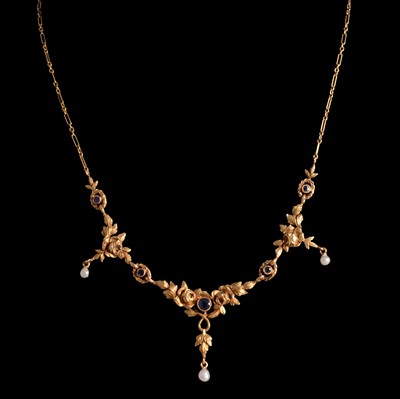 Lot 299 - A French gold sapphire and pearl necklace in Duceux-Leroy box.
