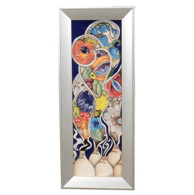 Lot 154 - Rachel Bishop for Moorcorft Pottery, a 'Kaleidoscope' pattern framed tile panel