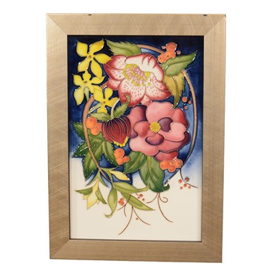 Lot 142 - Rachel Bishop for Moorcroft Pottery, a floral pattern framed wall plaque