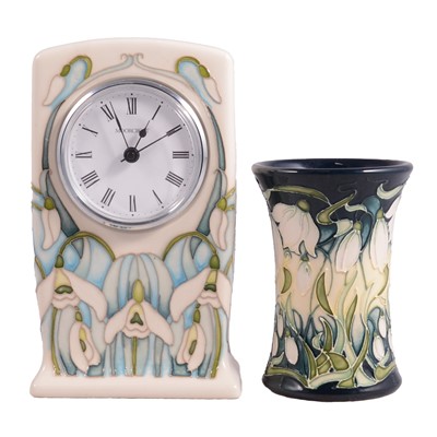 Lot 148 - Moorcroft Pottery, a 'Nivalis' design vase and a @giselle' design clock