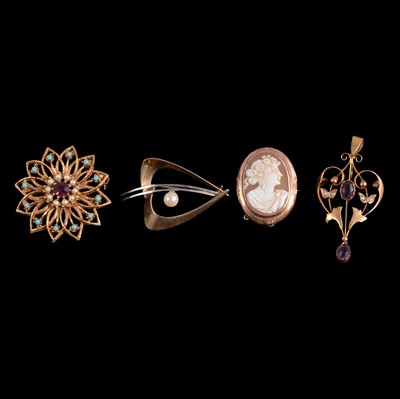 Lot 219 - Two gold brooches, pendant, and costume jewlelery brooch.