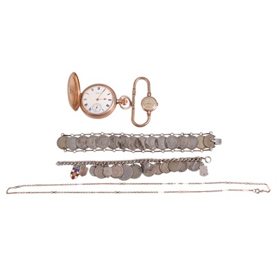 Lot 524 - A gold-plated full hunter pocket watch, two silver coin bracelets, and a Cyma wristwatch.
