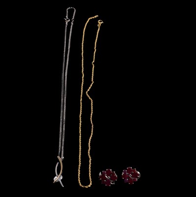 Lot 379 - A pair of ruby earrings, yellow metal chain, and white metal pendant on a chain.
