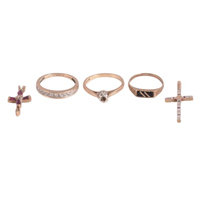 Lot 382A - Three gold rings, and two gold cross pendants.