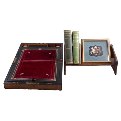 Lot 197 - Victorian burr walnut writing slope, oak book crib, and three veterinary books