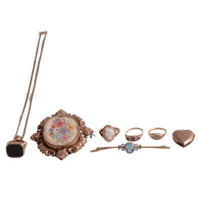 Lot 369 - Gemset gold rings, brooches, fob on a chain, and locket.