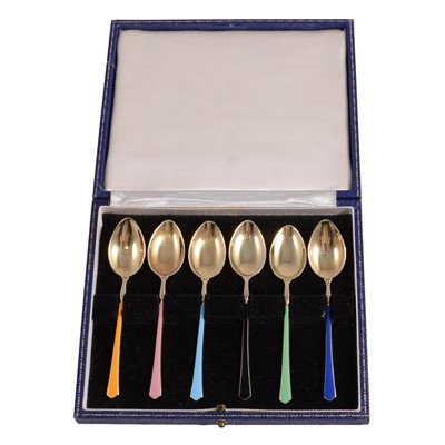 Lot 349 - Set of six silver-gilt and harlequin enamel coffee spoons