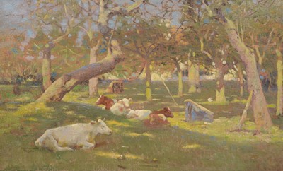 Lot 170 - Frederick Hall (1860-1948), Resting cattle on a summer’s day