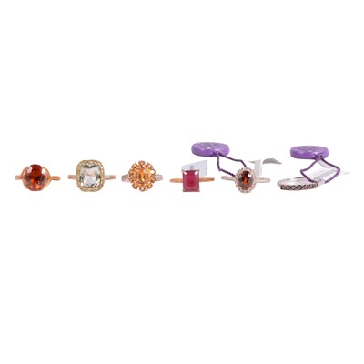 Lot 100 - Six gemset gold rings.