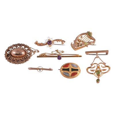 Lot 214 - Seven Victorian and later gold and yellow metal brooches.