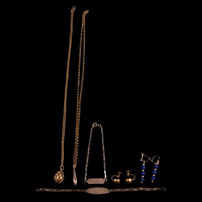 Lot 373 - Two yellow metal pendants and chains, two bracelets, earscrews.