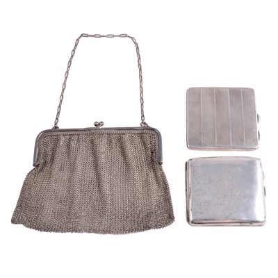 Lot 539 - A silver chainmail evening purse, and two cigarette cases.