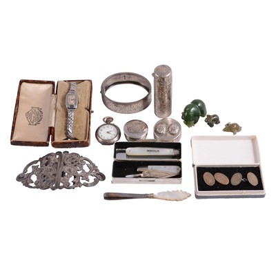 Lot 540 - A tray of vintage jewellery, fob watch, wristwatch, and collectables.