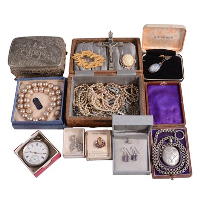 Lot 548 - A collection of silver, white metal, and costume jewellery, silver pocket watch, and wristwatches.