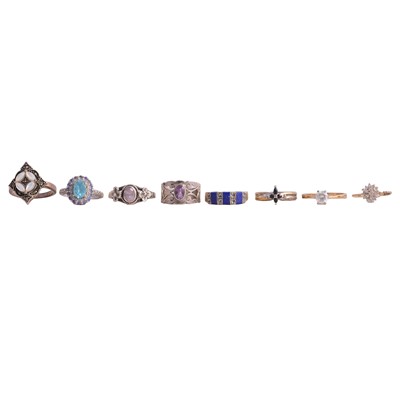 Lot 377 - Eight gold, silver and costume jewellery dress rings.