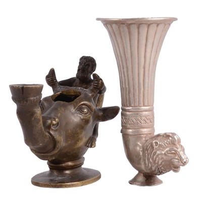 Lot 123 - Bronze taurus and satyr oil lamp and a white metal vessel