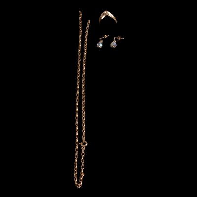 Lot 383 - A gold scarf ring, gold chain necklace, and pair of crystal earrings.