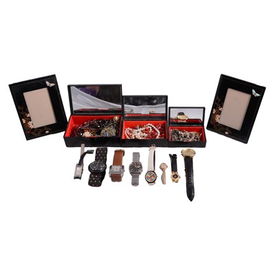 Lot 457 - A collection of white metal and costume jewellery, wristwatches, jewel boxes and photo frames.