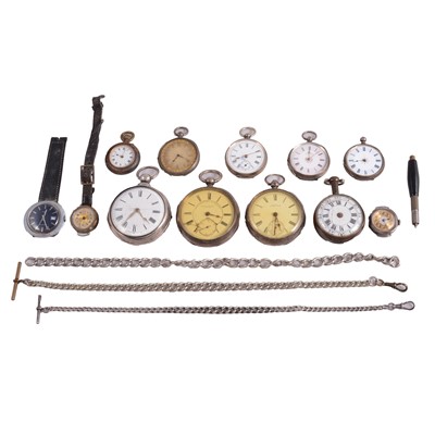 Lot 426 - A collection of pocket watches, wristwatches, Albert watch chains, and watch keys.