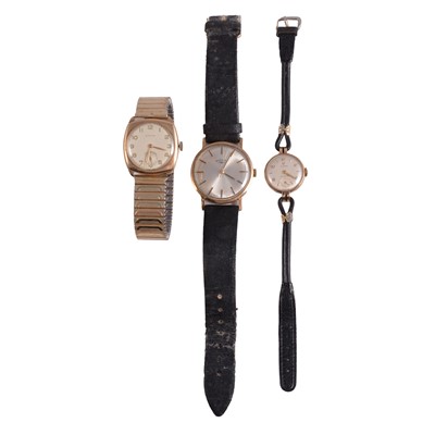 Lot 450 - Three vintage 9 carat yellow gold wristwatches, Cyma and Rotary.