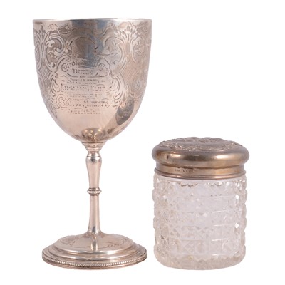 Lot 333 - Victorian silver goblet and a silver topped glass jar.