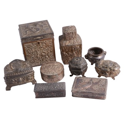 Lot 129 - A large collection of Eastern and other trinket boxes, tea caddies, cigarette boxes.
