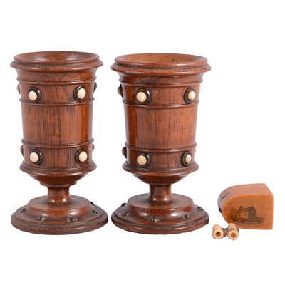 Lot 121 - A pair of bone Stanhope binoculars in a Mauchline box, pair of treen goblets.