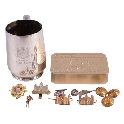 Lot 330 - A collection of military brooches, pins, badges, buttons, and silver-plated tankard.