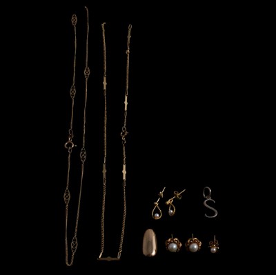 Lot 367 - Two gold / yellow metal broken chains, earrings for pierced ears, and a false nail.