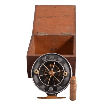 Lot 162 - Allcocks Aerial 4" centrepin fly fishing reel, in wooden case with oil