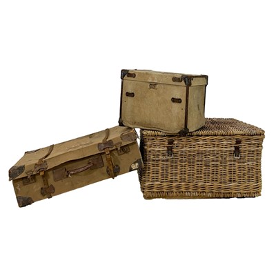 Lot 447 - Large cane hamper and two suitcases
