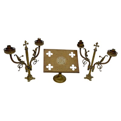 Lot 118 - Pair of Victorian Gothic two-branch altar candelabra, and a missal stand