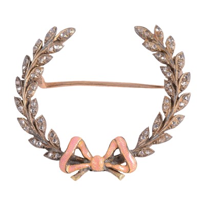 Lot 200 - A rose cut diamond and pink enamel open wreath brooch.