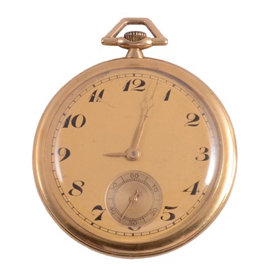 Lot 416 - An 18 carat yellow gold open face slim pocket watch.