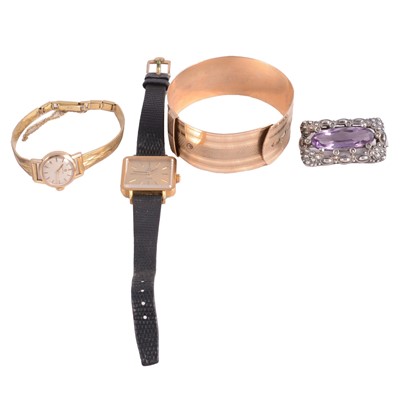 Lot 530 - Theodor Fahrner - a gemset brooch, Omega - two gold-plated wristwatches, and a bangle.