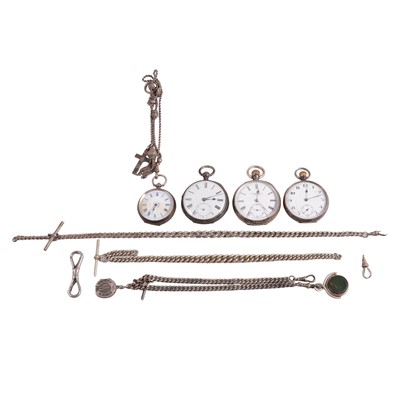 Lot 425 - Four silver/white metal open face pocket and fob watches, and silver and metal Albert watch chains.
