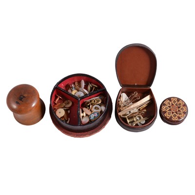 Lot 403 - A collection of gold and other cufflinks, dress studs, bar brooches, and leather and wooden boxes.