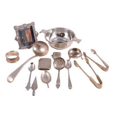 Lot 347 - A quantity of silver and plated wares, quaich, spoons, napkin rings etc.