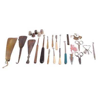 Lot 158 - Vintage scissors, shoe horn, thimbles, manicure tools