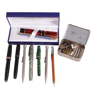 Lot 154 - A collection of vintge pens, saling wax, boxes of pen nibs, boxed Waterman red marble pen set.