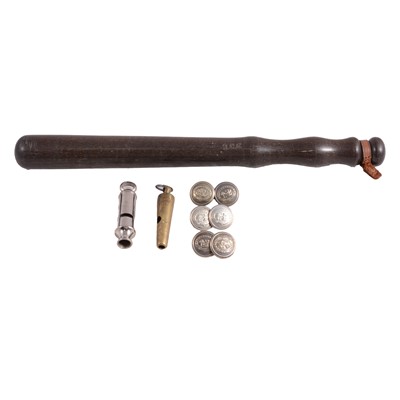Lot 169 - A police truncheon, Liverpool brass police whistle, another whistle, cape buttons.