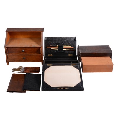 Lot 125 - Leather-bound writing slope, wooden boxes, and large quantity of clock and watch keys
