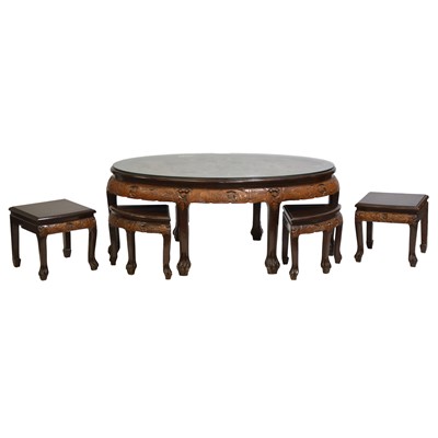 Lot 453 - Large oval centre table with four nesting tables/ stools, Singapore