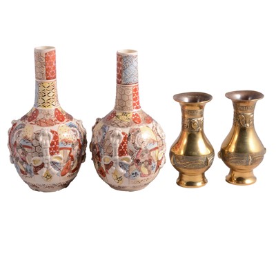 Lot 11 - Pair of Satsuma pottery vases, and a pair of Chinese brass vases.