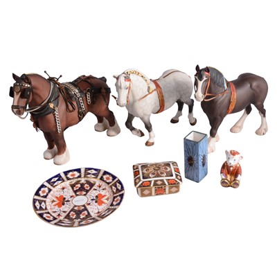 Lot 70 - Three Beswick Shire Horses, a small Troika vase, and Royal Crown Derby
