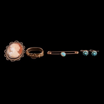 Lot 371 - A cameo brooch, scarf clip, opal brooch and turquoise earrings.